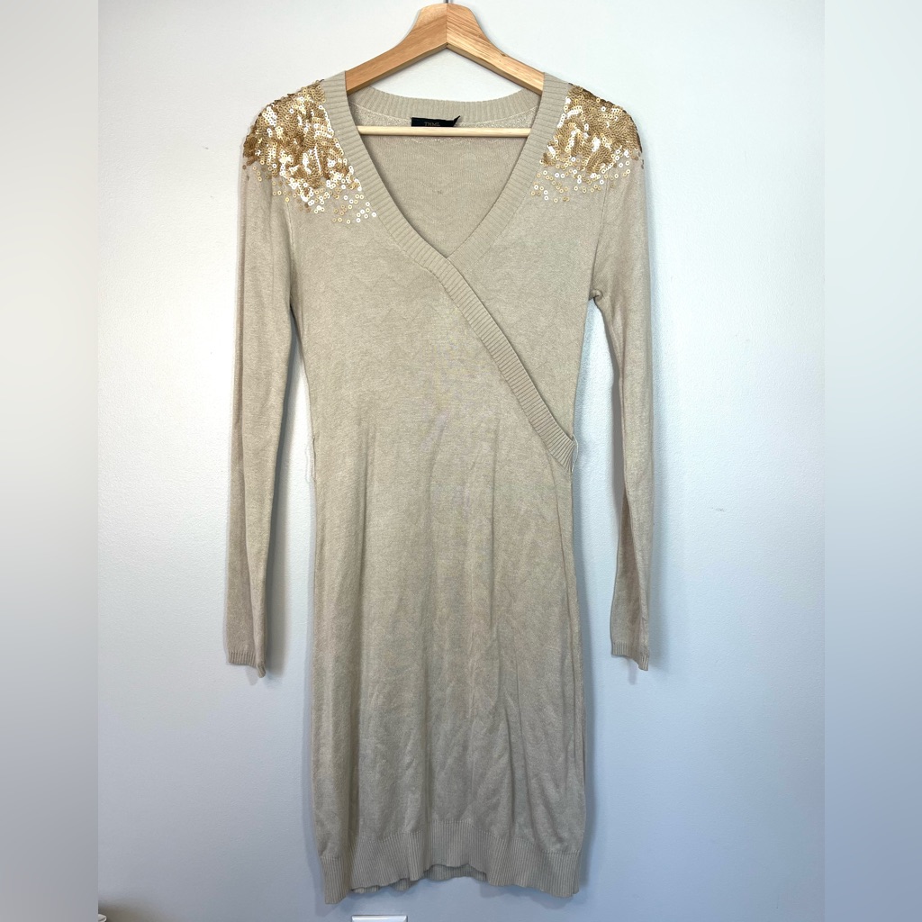 Thml Tan Beige Taupe Sweater Dress With Gold Sequins On Shoulders Womens Medium